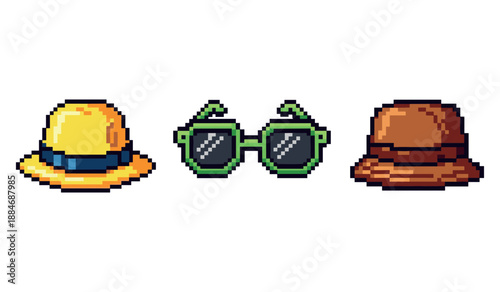 Pixel art accessories: yellow hat, sunglasses, brown hat on white background