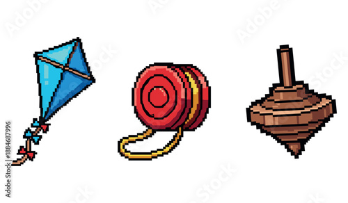 Pixel art toys: kite, yo-yo, and spinning top on white background