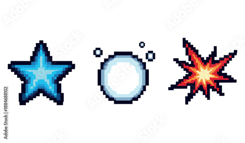 Retro pixel art: blue star, ice ball, and fire explosion icons