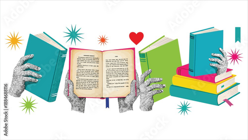 Halftone Hands Holding Open Books Art Collage Cut Outs Set.eps