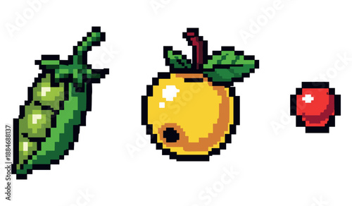 Pixel art: pea pod, yellow fruit with leaves, and red berry