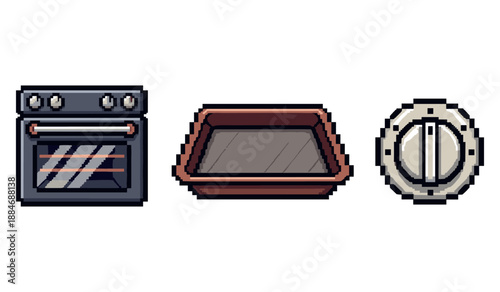 Pixel art icons of oven, baking tray, and control knob
