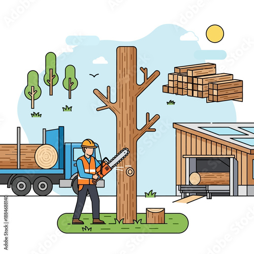 Lumberjack cutting tree with chainsaw near logging truck and sawmill building