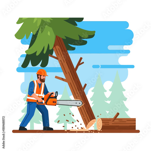 Lumberjack cutting tree with chainsaw in forest, flat design