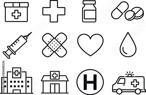 Line style icons of Medical drone delivery: medical box, cross, vial, pill; syringe, bandage, heart, drop;