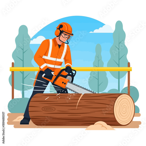 Arborist cutting log with chainsaw, safety gear, outdoor forestry work