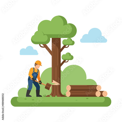 Woodcutter Felling Tree with Axe, Logs Stacked Beside, Nature Scene