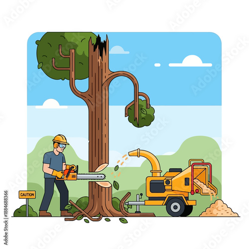 Tree Removal Service: Arborist with Chainsaw and Wood Chipper, Outdoor Scene