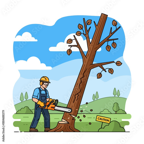 Arborist cutting down tree with chainsaw, safety gear, outdoor landscape