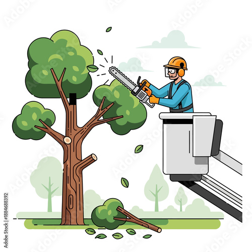 Arborist cuts tree with chainsaw from aerial lift platform, green park background