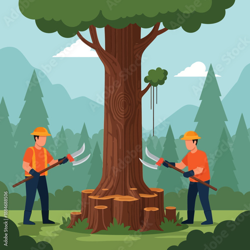 Lumberjacks Chopping Giant Tree with Axes in Forest - Flat Illustration