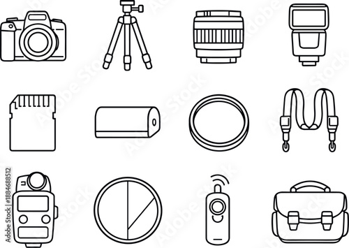 Image Generation. Line style icons of Camera equipment: camera, tripod, lens, flash; memory card, battery, filter, strap; light