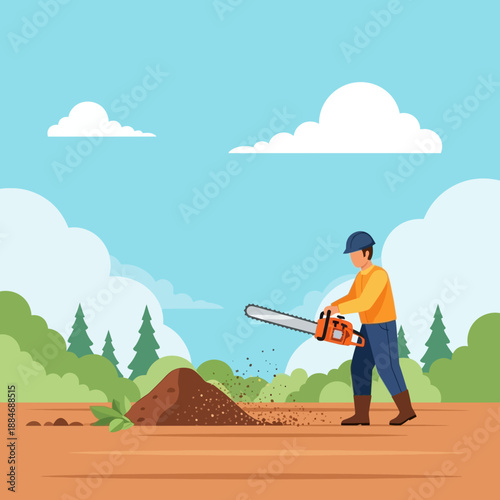 Arborist cutting wood with chainsaw, outdoor nature landscape, flat illustration