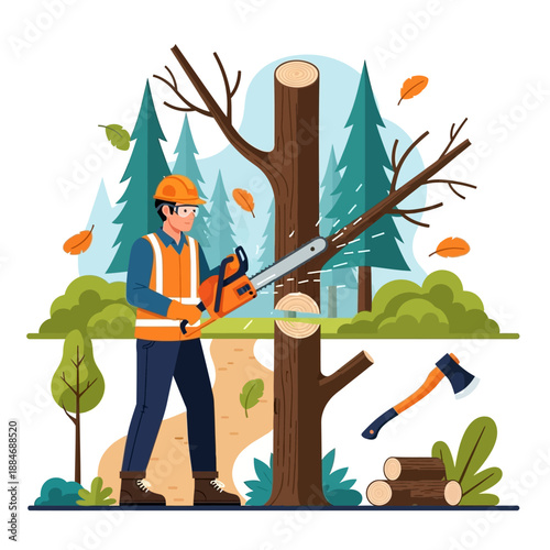 Lumberjack cutting tree with chainsaw in forest, autumn leaves, axe and logs