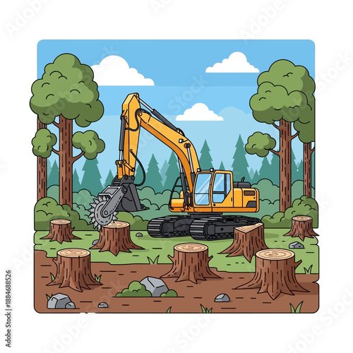 Excavator clearing forest land with tree stumps and deforestation concept