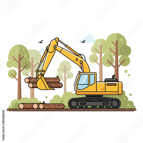 Yellow excavator loading logs in a forest, flat design illustration