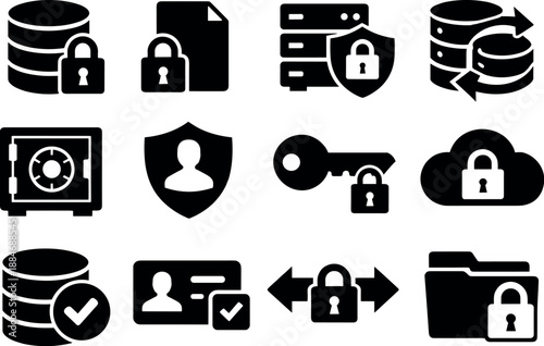 Image Generation. Solid vector icons of cyber security data protection: encrypted database, data lock, secure storage, backup