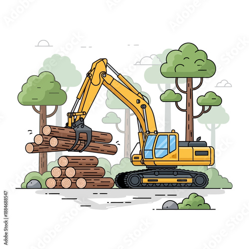 Yellow excavator loading logs in a forest, deforestation concept, flat design
