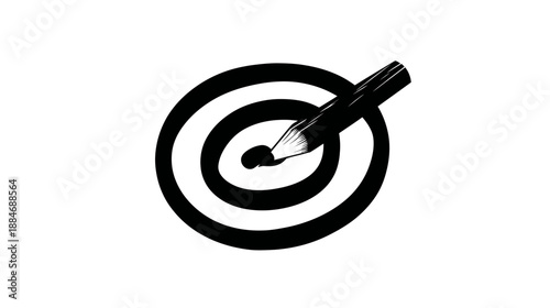 A black and white illustration of a target with rings and a brush hitting the center