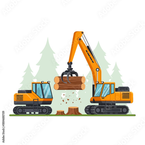 Logging Machines Loading Timber Logs in Forest