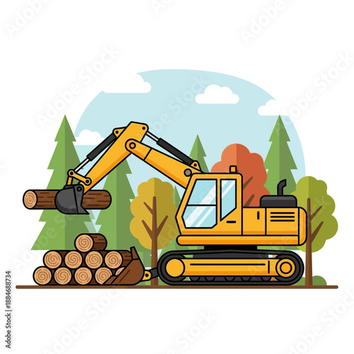 Forestry Excavator Loading Logs in a Woodland Setting