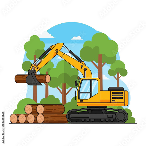 Yellow Excavator Machine Logging Timber in Forest, Tree Cutting, Heavy Equipment