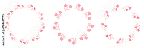 Circle frames with vintage romantic flowers for Valentine's Day and spring decor. Hand drawn wreath with blank copy space for text. Vector illustration for cards, invitations, packaging, branding