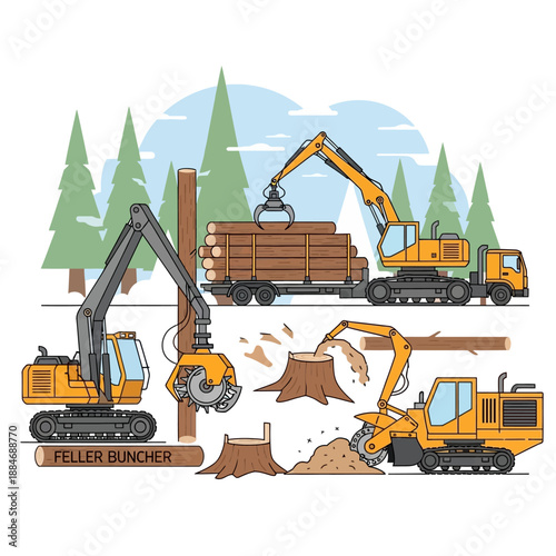 Logging machines: feller buncher, harvester, loader, truck in forest scene