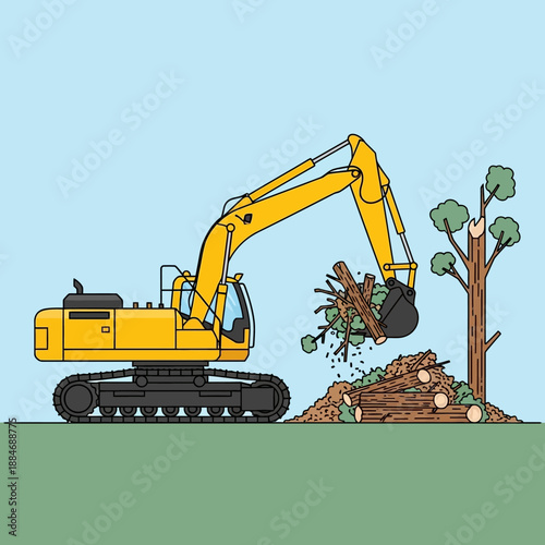 Excavator clearing trees and logs, deforestation and construction concept, flat illustration