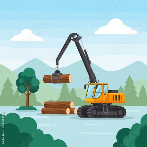 Logging Crane Machine Moving Logs in Forest Landscape Vector Illustration