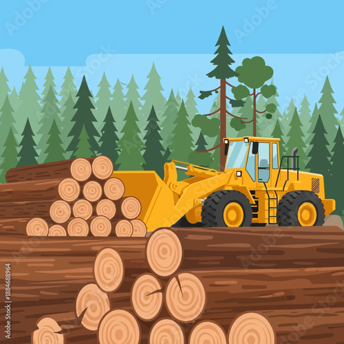 Yellow Front Loader Moving Logs in a Forest Logging Site