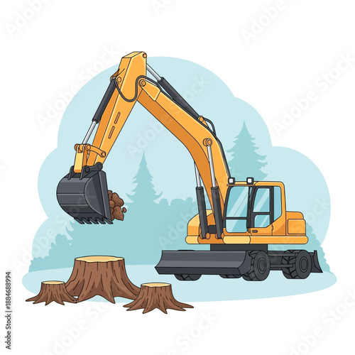 Yellow Excavator Digging Soil Near Tree Stumps in Forest