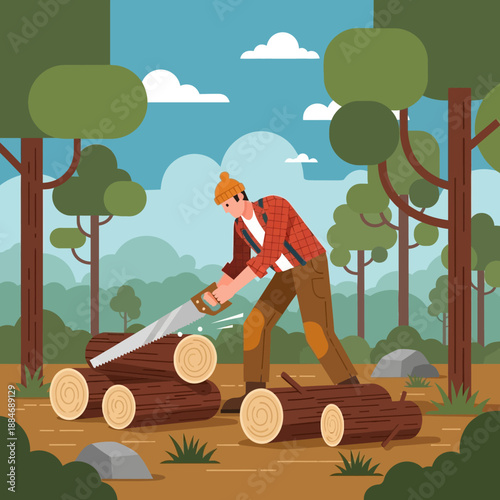 Lumberjack sawing wood logs in forest with saw, outdoor activity, flat design illustration