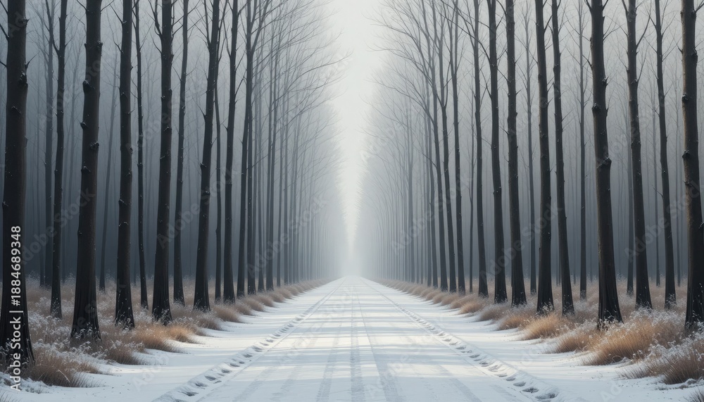 Fototapeta premium Snow covered road through a dense forest of bare trees