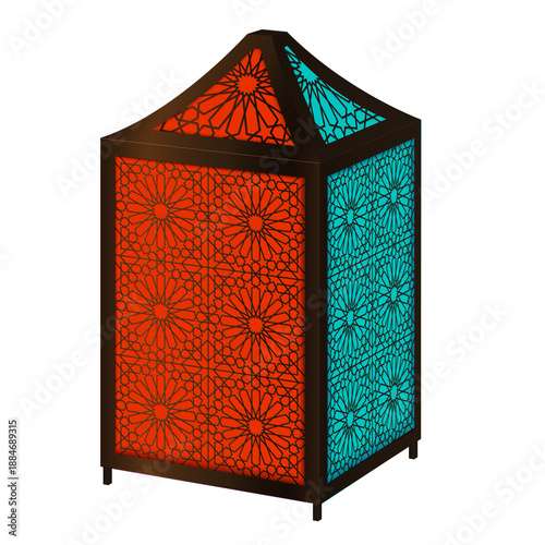 Colorful moroccan lantern with intricate floral patterns on sides  decorative lighting transparent background