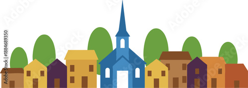 Colorful village illustration with church and houses, flat vector town skyline, community neighborhood concept, simple modern design for urban, rural, and lifestyle themes