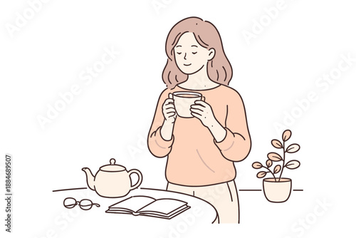 Relaxing Tea Moment. Woman stands near a table holding a warm cup of tea and unwinding Minimalist flat line vector illustration,