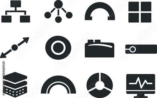 Image Generation. Solid vector icons of OS processes: process tree outline, thread node, syscall arc, memory block tile, I/O path