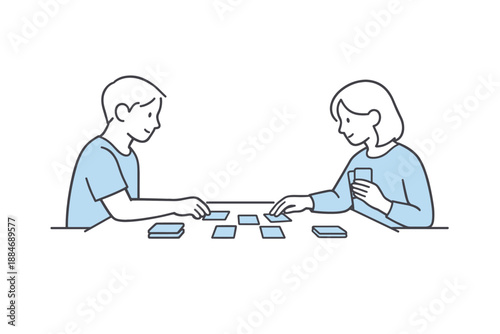 Minimalist Card Game. Two friends sit across from each other placing cards on a table quietly Minimalist flat line vector