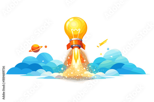 Innovative Lightbulb Launch. Lightbulb launching like a small rocket with a glow trail and sparkle dust, wide clean layout