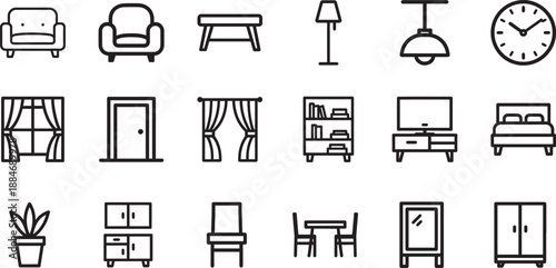 Home interior outline icon set with furniture and decor symbols. Clean editable vector for UI and design.