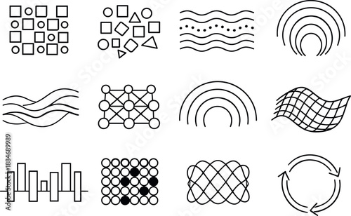 Image Generation. Line style vector icons of startup business launch branding and identity: pattern tile, variation tile, interval
