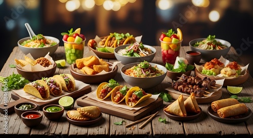 Abundant Mexican Food Feast Laid Out on a Rustic Wooden Table