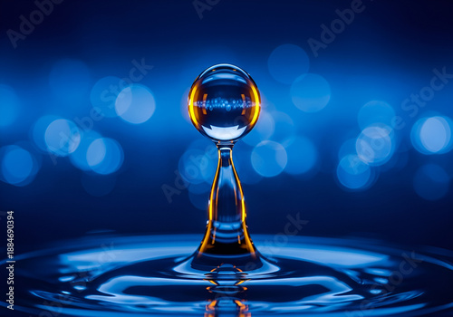 Water Droplet Rebounding, Blue Bokeh Light, Surface Impact Illustration, Splash Photography Graphic, Liquid Motion Symbol