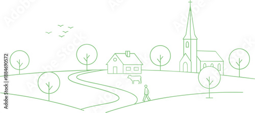 Minimal line art countryside village illustration featuring church, house, trees, walking path, human figure, cow, and birds, peaceful rural landscape concept in outline style