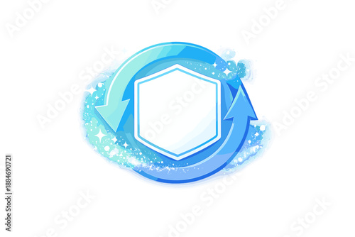 New Year Renewal. New-year refresh marketing concept with reset arrow loop around a clean brand badge and sparkly snow dust,