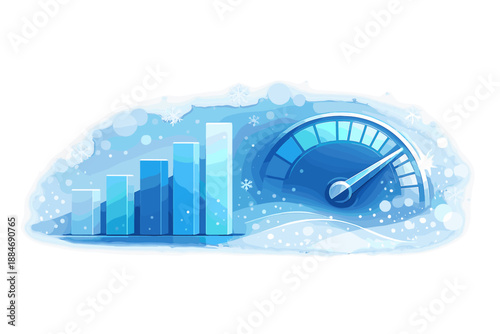 Winter Analytics Visualization. Analytics vignette with rising bar blocks and a glowing speedometer gauge, snowflake bokeh and