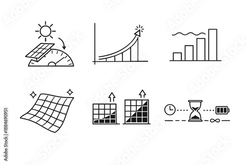 Energy Efficiency Icons. Line style icons of energy efficiency: sunlight-angle dial, power-optimization graph, absorption