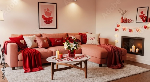 Romantic living room decorated with love-themed elements for a cozy Valentine's day