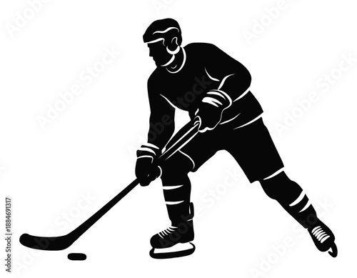 Black silhouette of ice hockey player shooting puck with stick isolated on white background. Man winter team sport athlete at competition or championship. Clip art design element